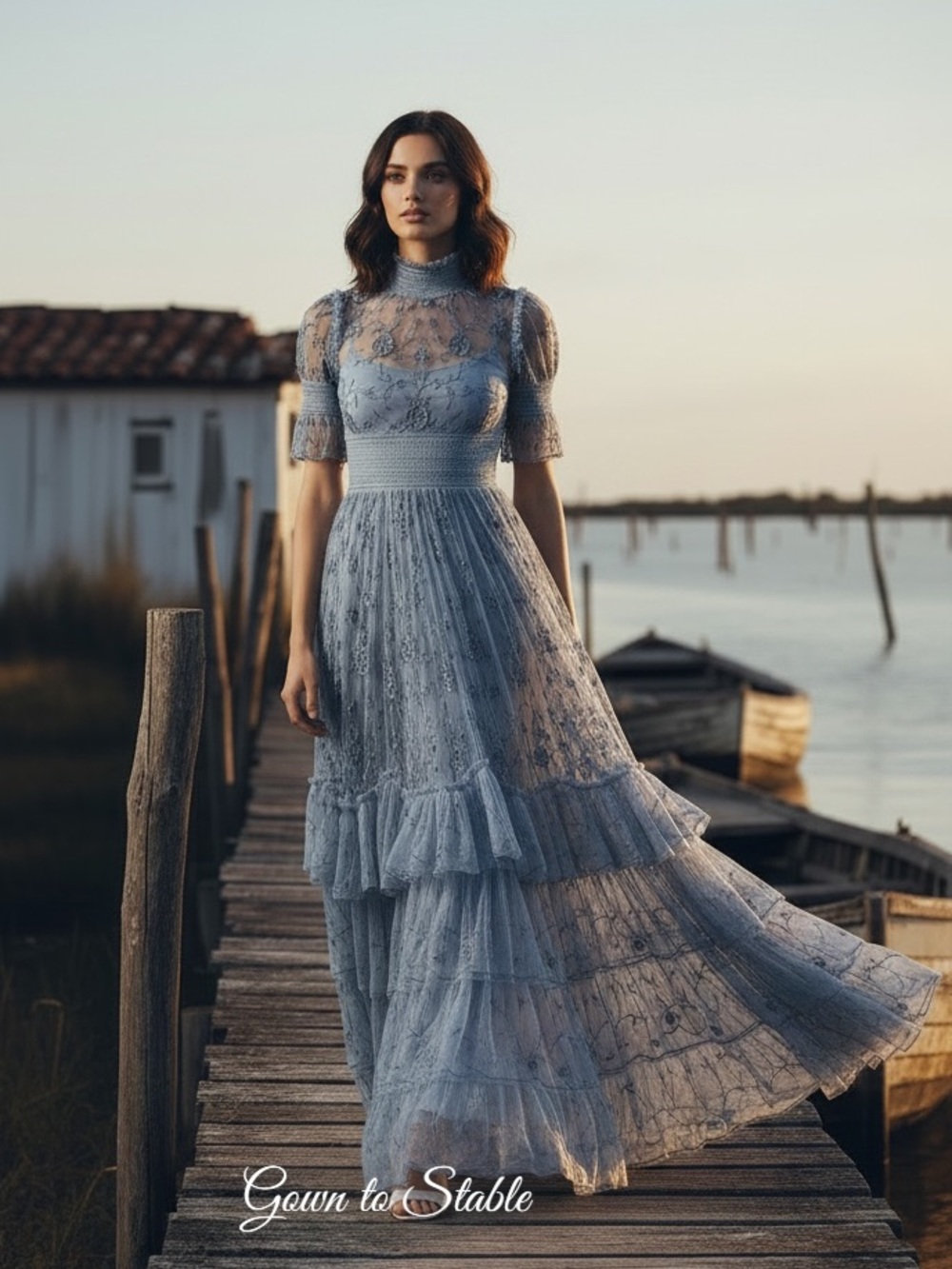 Mac Duggal 8005 Blue Floral Embroidered Smock Neck Tiered Ruffle Dress